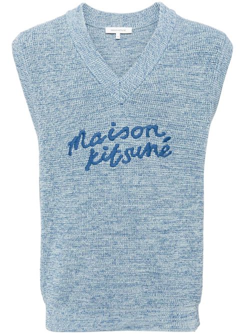 Embroidered-logo V-neck cotton vest - Blue