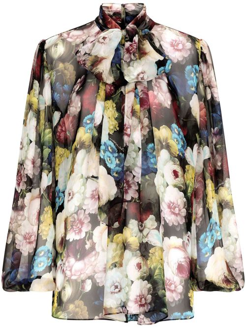 Floral-print attached-scarf silk blouse - Black