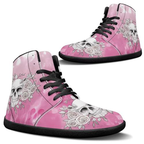 Binienty Red Gothic Skull Barefoot Shoes for Men Women Unisex Slip Resistant High Top Leather Lace up Sneakers with Wide Toe Box Non-Slip Water Shoes for Men