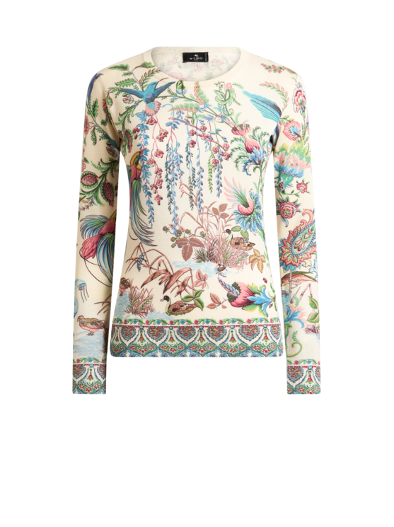 Silk And Cashmere Sweater With Flora And Fauna Motif