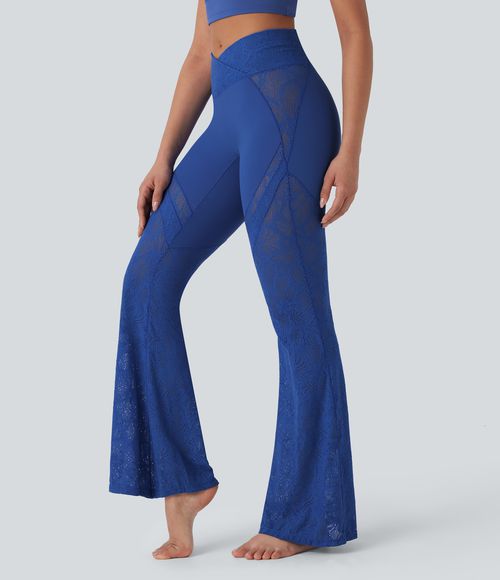 SoftlyZero™ High Waisted Crossover Pocket Contrast Lace Flare Yoga Leggings  - Beaucoup Blue