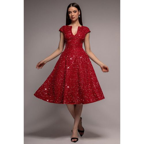 Goddiva Bead Embellished Jacquard A Line Midi Dress - Red