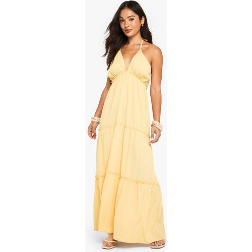 Boohoo Women's Petite Textured Crinkle Strappy Tiered Maxi Dress in Lemon