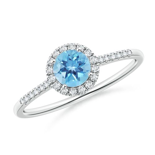 Angara 0.6 Carat Round Swiss Blue Topaz Halo Ring with Diamond Accents in Platinum