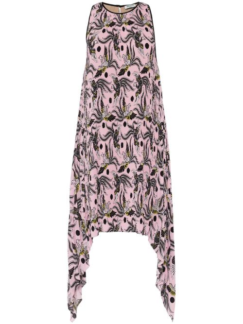 Bird-print plissé midi dress - Pink