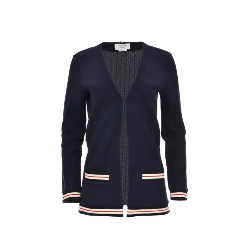 Striped Trim Cotton Cardigan — Navy
