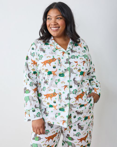 Organic Cotton Long Pajama Set in Lucky Paws | Women's Tall XS/T | White St. Patrick's Day | Sleepwear
