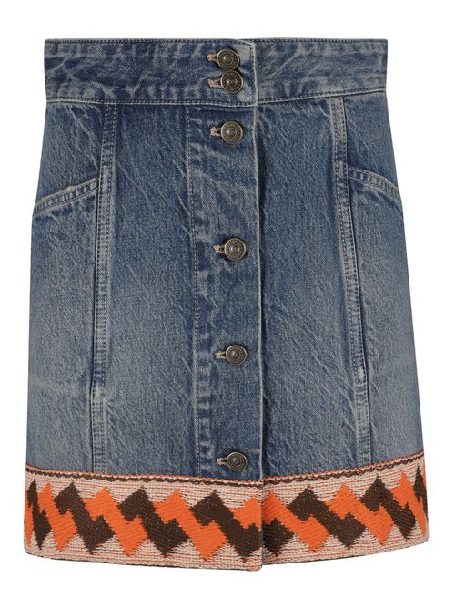 Jacquard Trim Mid-rise Denim Skirt