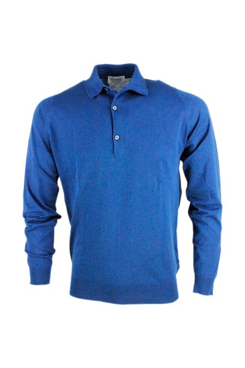 Long-sleeved Polo Shirt In Cotton Thread With 3-button Closure
