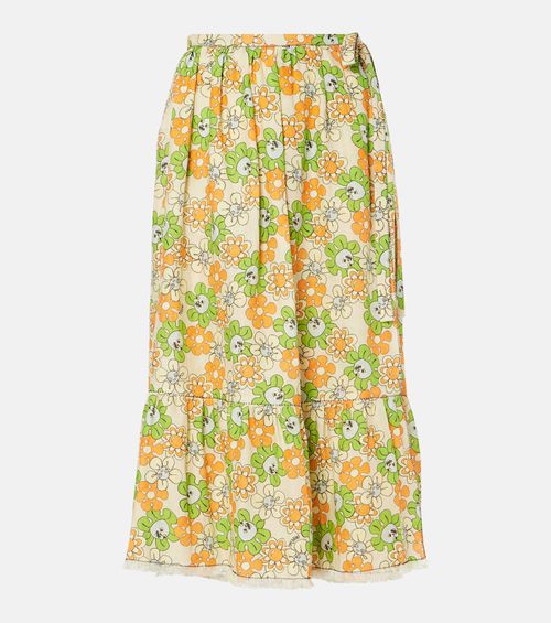 Floral linen midi skirt