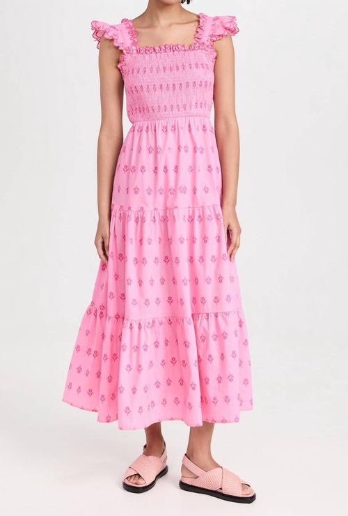 Smocked Tiered Midi Dress In Pink