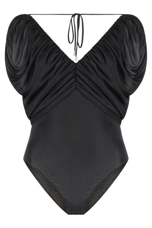 Gathered Nylon Bodysuit with Lace-Up Detail