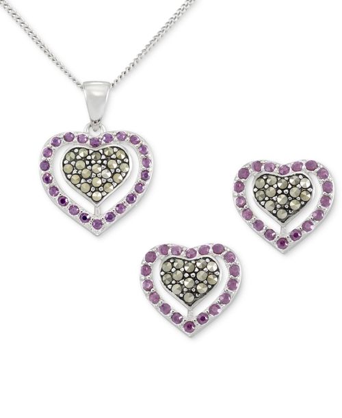 2-Pc. Set Amethyst (1-1/3 ct. t.w.) & Marcasite Pendant Necklace & Matching Stud Earrings in Sterling Silver - Sterling Silver