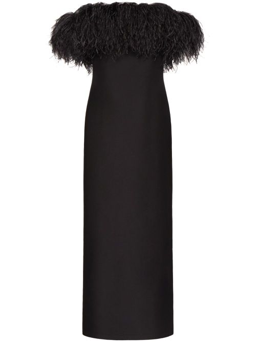 Feather-trimmed midi dress - Black