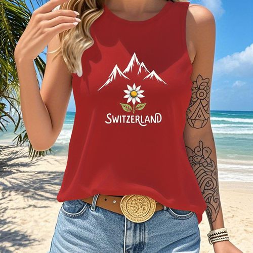 TEMU Swiss Flower & Mountain Graphic Women's Casual Vest - Black Sleeveless Round Neck Lightweight Machine Washable, Summer Fashion, Alpine Design