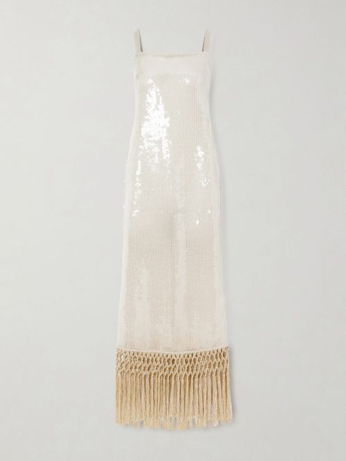 Agrigento Disco Fringed Sequined Cotton Gown - Off-white