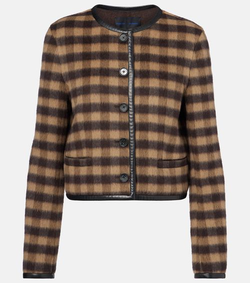 Checked leather-trimmed wool-blend jacket