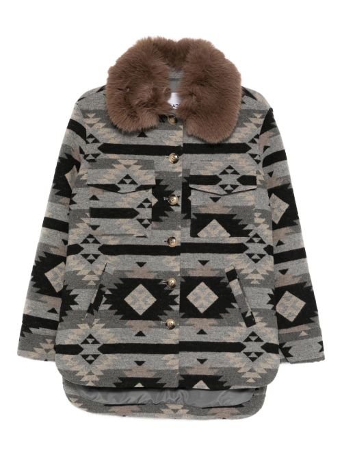 Boxy Short Coat With Geometric Tribal Pattern And Oversized Fur Collar