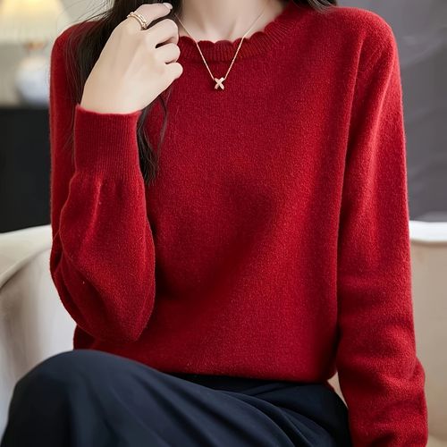 TEMU Women's Elegant Green Round Neck Long Sleeve Blouse - Solid Color Winter Sweater, Soft Collar & Smooth Texture, Cozy Fall & Winter Layering Top