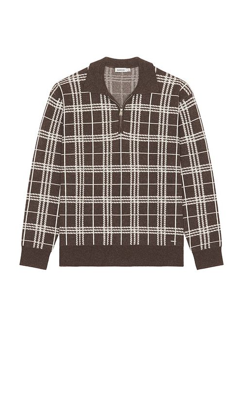 SIMKHAI Klaus Zip Polo Sweater in Chocolate Plaid.  XL/1X also in L