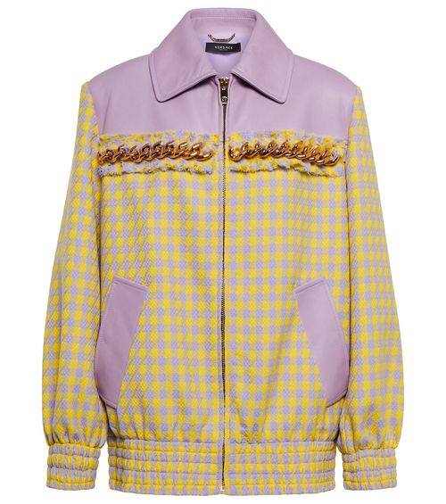 Leather-trimmed checked wool jacket