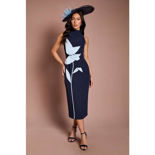 Coast Lisa Tan Placement Floral High Neck Midi Dress In Navy