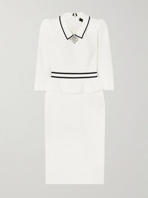 Honeybee Grosgrain-trimmed Crystal-embellished Crepe Peplum Midi Dress - Off-white