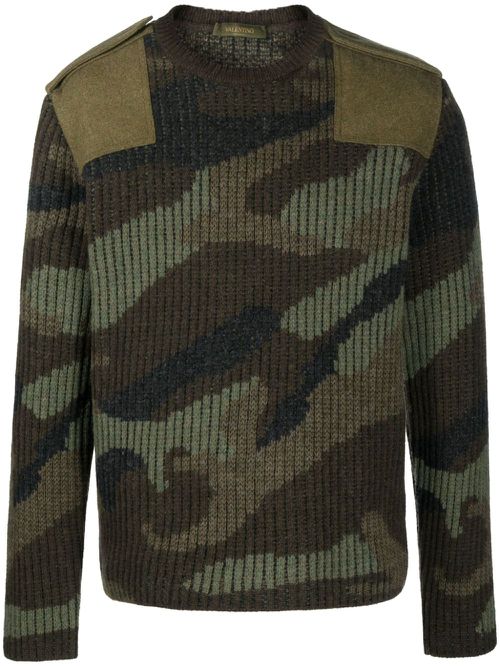 Camouflage panelled ribbed-knit jumper - Green