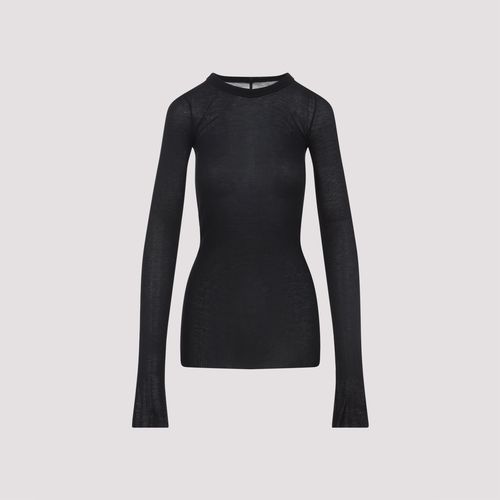 'Rib LS T' Ribbed Viscose and Stretch Silk Blend T-shirt, Raw Cut Hem, Crew Neck, Long Sleeves