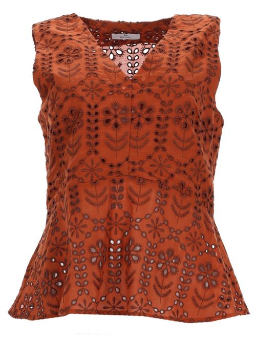 Brown Embroidered V Neck Top