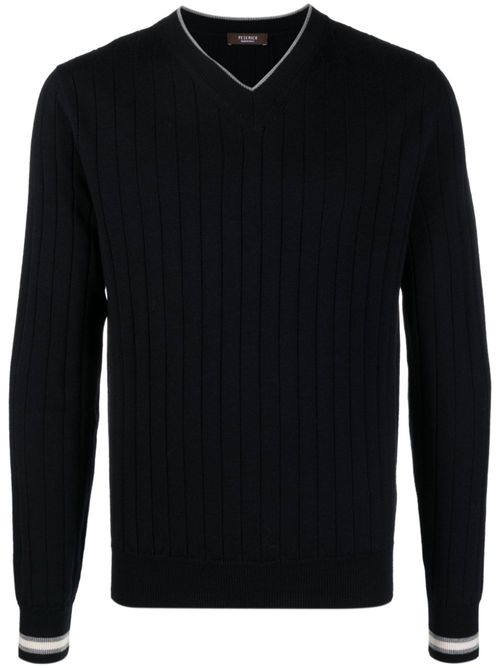 V-neck ribbed-knit virgin-wool jumper - Blue