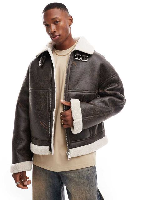 Faux leather washed jacket with shearling in brown