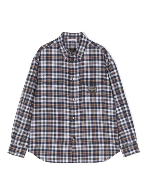 Logo-plaque checked cotton shirt - Blue