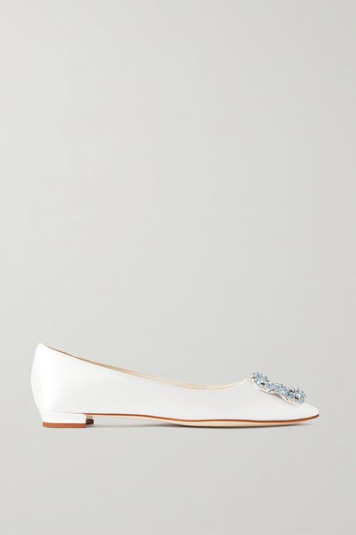 Hangisiflat Crystal-embellished Satin Point-toe Flats - White