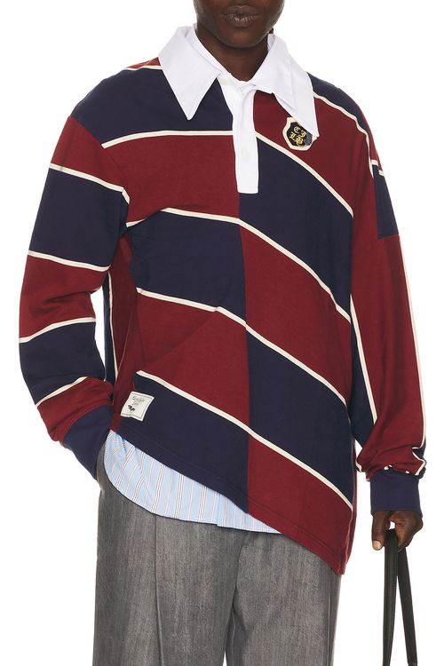 Charles Jeffrey LOVERBOY Warped Polo in Burgundy & Navy Stripe - Burundy. M also in L, XL/1X