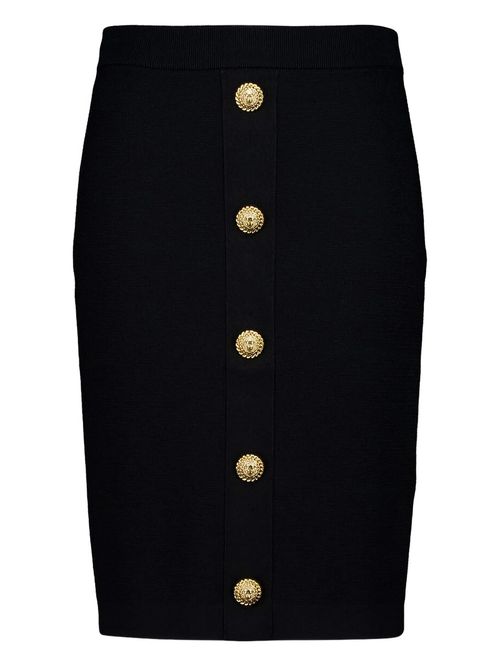 -Style Mini Skirt with 5 Coin-Style Golden Buttons and Double Zip Back