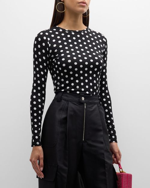 Delaina Polka Dot Crewneck Long-Sleeve Top