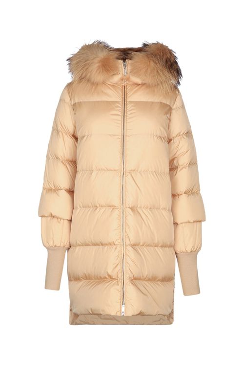 Fur-Trimmed Puffer Down Jacket — Beige