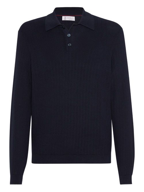 Ribbed long-sleeve polo shirt - Blue