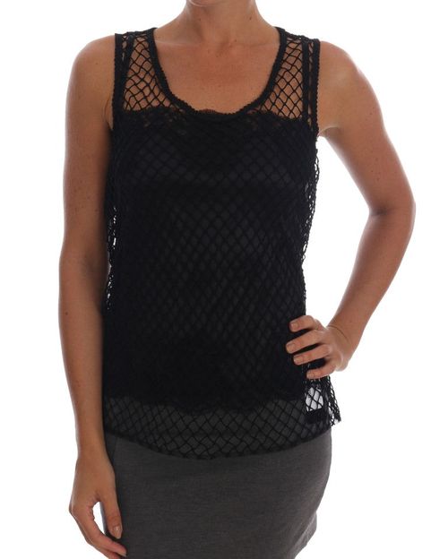 Silk Mesh Floral Lace Tank Top — Black