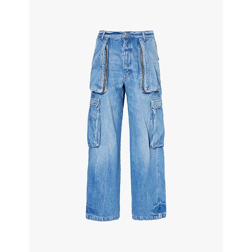 Mens Indigo Denim Wash Wide Leg Carpenter Whiskering Wide-leg Mid-rise Cotton Trousers 32