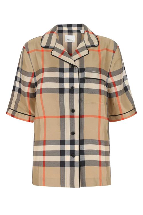 Checked Silk Satin Shirt — Beige