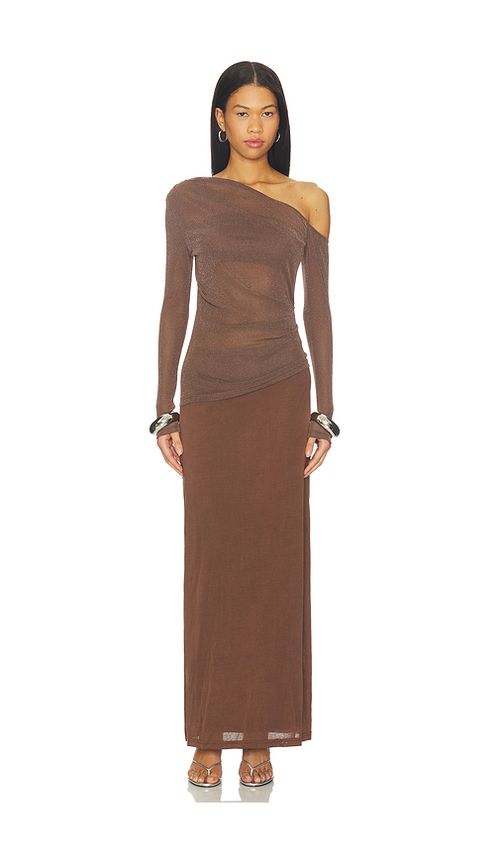 SOVERE Zeya Long Sleeve Dress in Brown. L. Also in XS