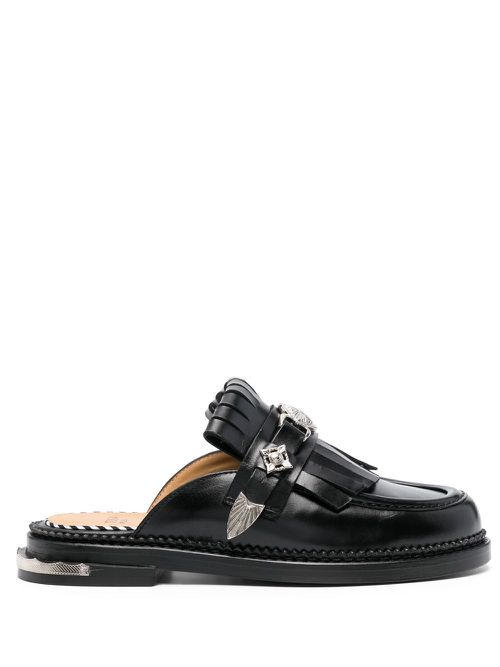 Fringed leather slippers - Black