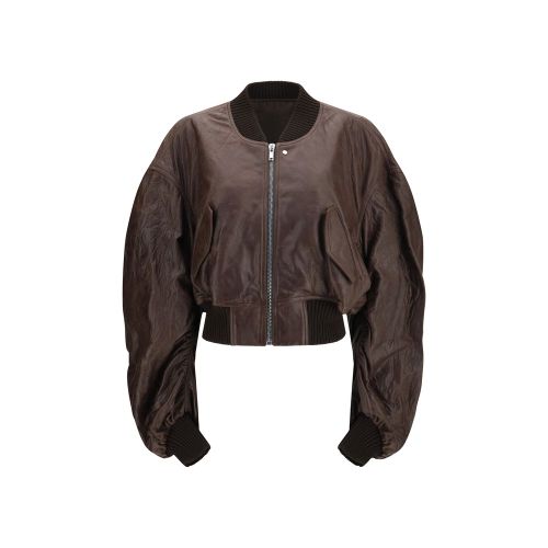 Cropped Calf Leather Bomber Jacket — Brown