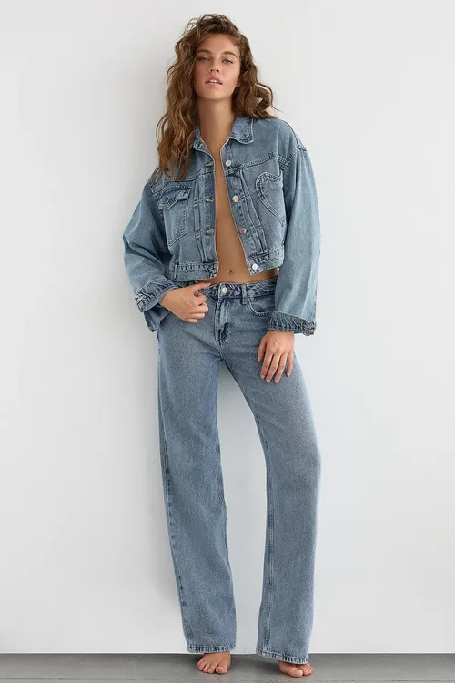 Denim Heart Pocket Straight-leg Mid-rise Jeans Women