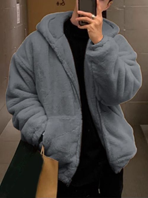 Men's Faux Fleece Loose Long Sleeve Zip-Up Hoodie SKUL37706 - Gray / S