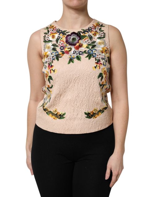Floral-Embroidered Cotton-Nylon Tank Top — Beige
