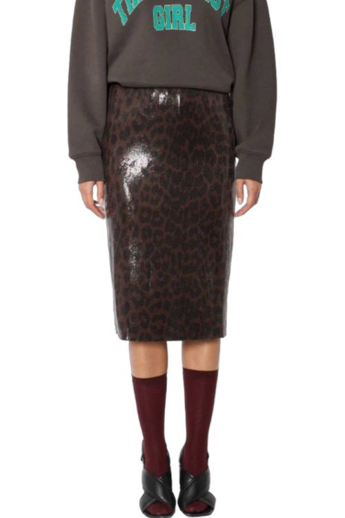 Jamyla Stretch Sequin Midi Skirt In Dark Leopard