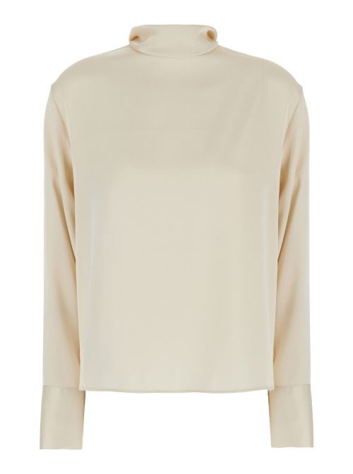 High-Neck Satin Blouse — Beige